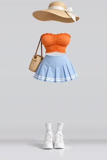 AI 生成服装参考图 SUM-0097:夏,橙、蓝、白、迷你、半身裙、短袜