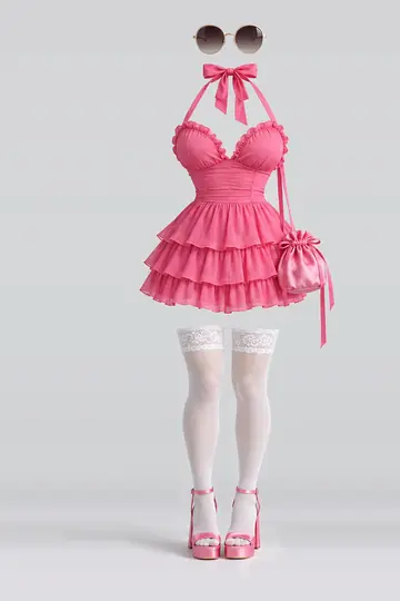 AI 生成服装参考图 SUM-0098:夏,粉、缎带、荷叶边、百褶、连衣裙、蕾丝