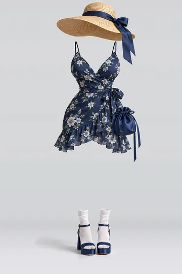 AI 生成服装参考图 SUM-0100:夏,藏青、花卉、连衣裙、白、短袜、凉鞋