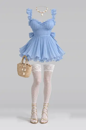 AI 生成服装参考图 SUM-0102:夏,蓝、缎带、荷叶边、百褶、连衣裙、蕾丝