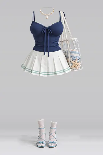 AI 生成服装参考图 SUM-0103:夏,藏青、缎带、吊带衫、薄荷绿、白、迷你
