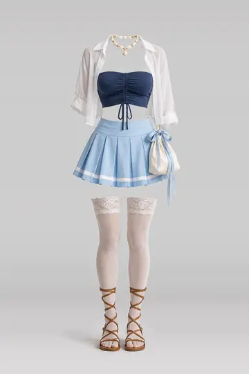 AI 生成服装参考图 SUM-0106:夏,藏青、蓝、白、迷你、半身裙、衬衫