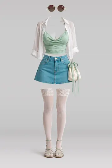 AI 生成服装参考图 SUM-0107:夏,薄荷绿、牛仔布、迷你、半身裙、衬衫、蕾丝