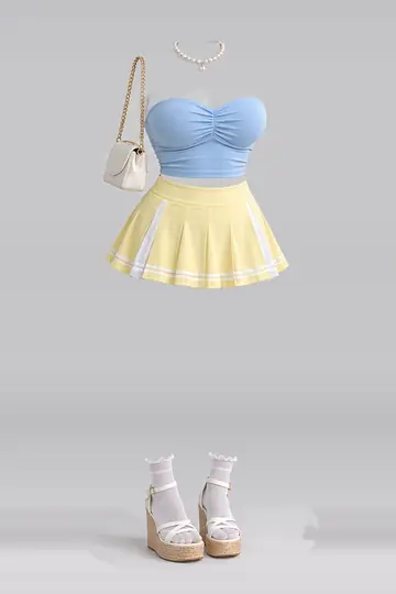 AI 生成服装参考图 SUM-0109:夏,蓝、黄、白、迷你、半身裙、短袜