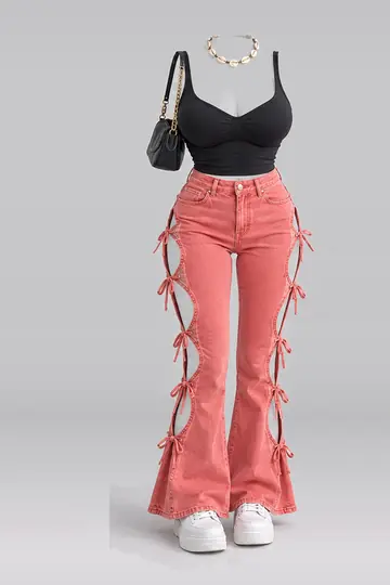 AI 生成服装参考图 SUM-0110:夏,黑、缎带、牛仔布、长裤、白、运动鞋