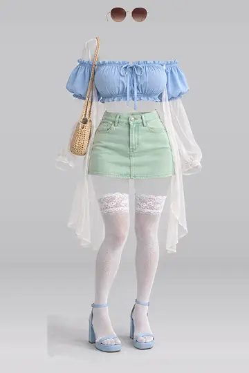 AI 生成服装参考图 SUM-0111:夏,蓝、女式衬衫、薄荷绿、牛仔布、迷你、半身裙