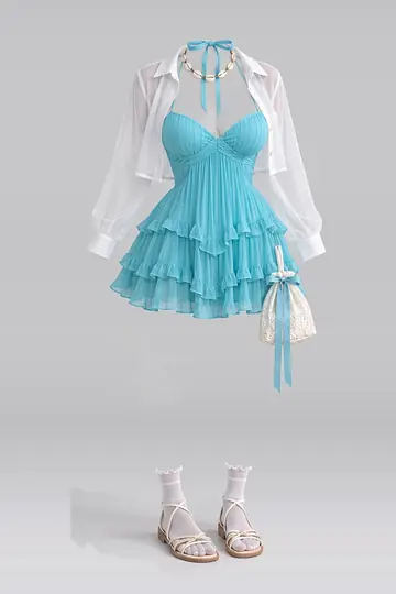 AI 生成服装参考图 SUM-0112:夏,缎带、荷叶边、百褶、连衣裙、衬衫、白