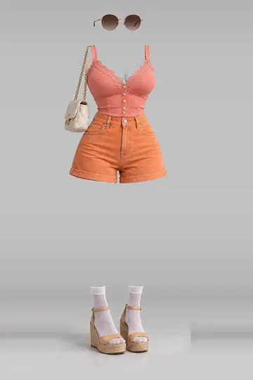 AI 生成服装参考图 SUM-0113:夏,蕾丝、女式衬衫、橙、牛仔布、短裤、白