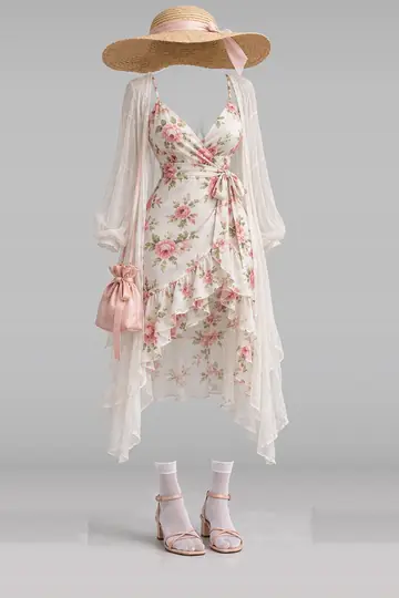 AI 生成服装参考图 SUM-0114:夏,白、花卉、连衣裙、开衫、短袜、凉鞋