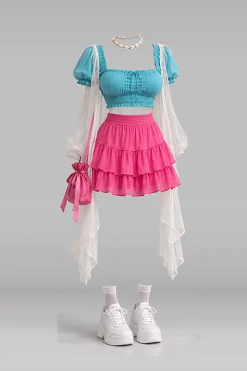 AI 生成服装参考图 SUM-0115:夏,粉、迷你、半身裙、开衫、白、短袜