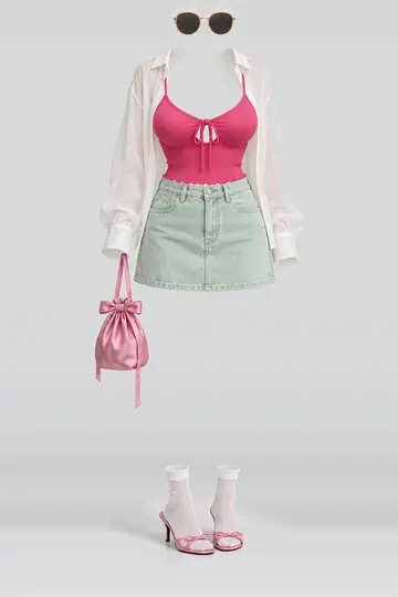 AI 生成服装参考图 SUM-0118:夏,粉、缎带、吊带衫、薄荷绿、牛仔布、迷你
