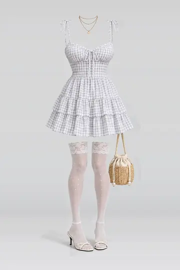 AI 生成服装参考图 SUM-0120:夏,白、连衣裙、蕾丝、短袜、凉鞋、包