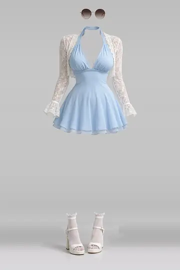 AI 生成服装参考图 SUM-0121:夏,蓝、迷你、连衣裙、蕾丝、白、短袜