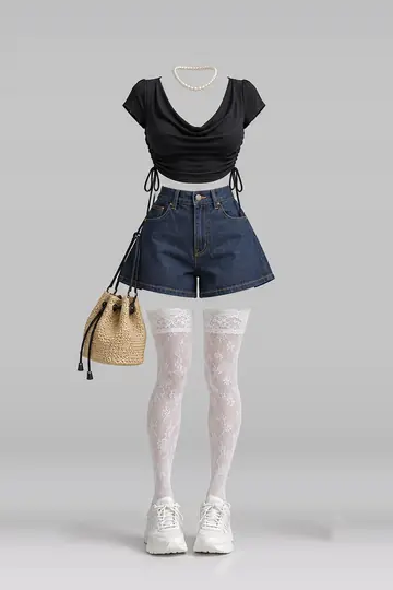 AI 生成服装参考图 SUM-0123:夏,黑、藏青、牛仔布、短裤、蕾丝、短袜