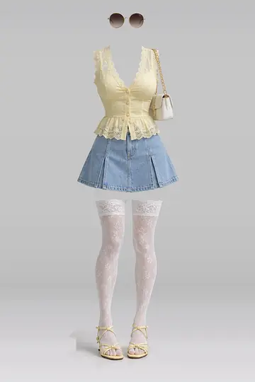 AI 生成服装参考图 SUM-0124:夏,黄、蕾丝、女式衬衫、蓝、牛仔布、迷你