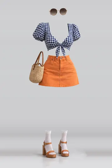 AI 生成服装参考图 SUM-0125:夏,藏青、橙、牛仔布、迷你、半身裙、白