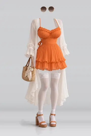 AI 生成服装参考图 SUM-0126:夏,橙、缎带、荷叶边、百褶、连衣裙、开衫