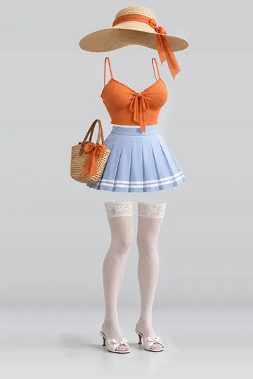 AI 生成服装参考图 SUM-0127:夏,橙、缎带、吊带衫、蓝、白、迷你