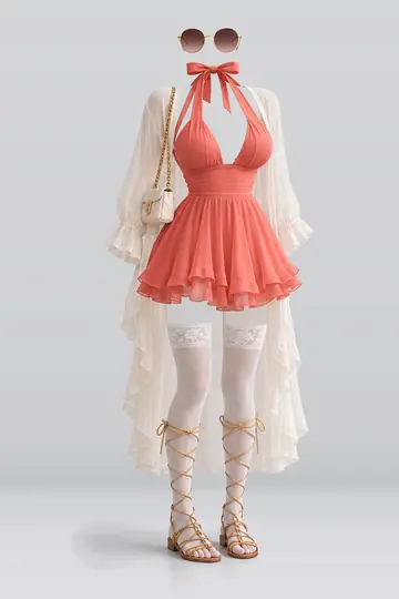 AI 生成服装参考图 SUM-0128:夏,迷你、连衣裙、开衫、蕾丝、短袜、凉鞋