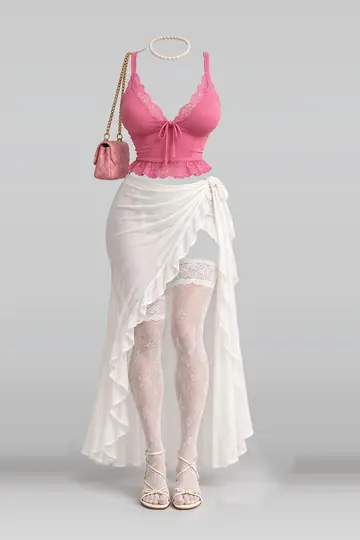 AI 生成服装参考图 SUM-0129:夏,粉、蕾丝、女式衬衫、白、半身裙、短袜