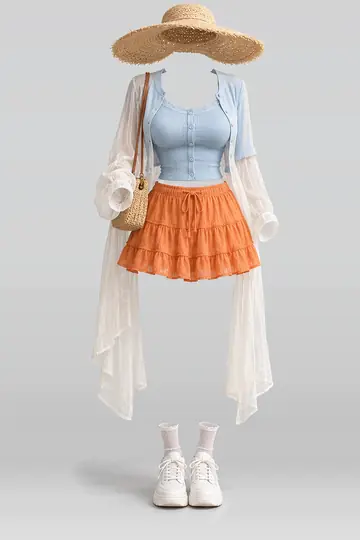 AI 生成服装参考图 SUM-0132:夏,蓝、开衫、橙、迷你、半身裙、白