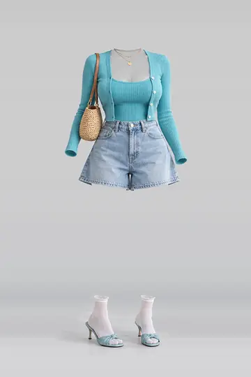 AI 生成服装参考图 SUM-0133:夏,开衫、蓝、牛仔布、短裤、白、短袜