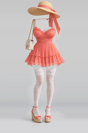 AI 生成服装参考图 SUM-0134:夏,缎带、荷叶边、百褶、连衣裙、蕾丝、短袜