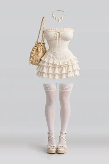 AI 生成服装参考图 SUM-0137:夏,奶油色、荷叶边、迷你、连衣裙、蕾丝、短袜