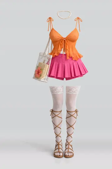 AI 生成服装参考图 SUM-0139:夏,橙、缎带、吊带衫、粉、百褶、迷你