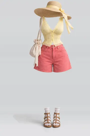 AI 生成服装参考图 SUM-0140:夏,黄、蕾丝、女式衬衫、牛仔布、短裤、白