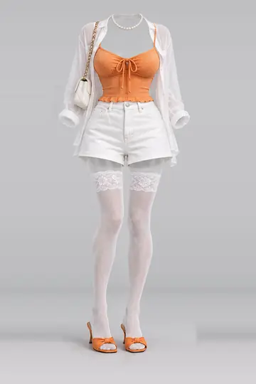 AI 生成服装参考图 SUM-0145:夏,橙、缎带、吊带衫、白、牛仔布、短裤