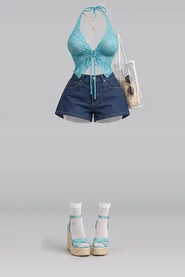 AI 生成服装参考图 SUM-0146:夏,蕾丝、藏青、牛仔布、短裤、白、短袜