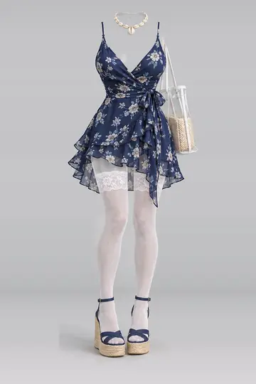 AI 生成服装参考图 SUM-0147:夏,藏青、花卉、连衣裙、蕾丝、短袜、凉鞋