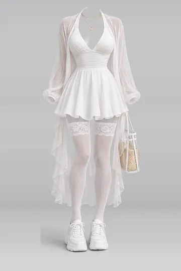 AI 生成服装参考图 SUM-0148:夏,白、迷你、连衣裙、开衫、蕾丝、短袜