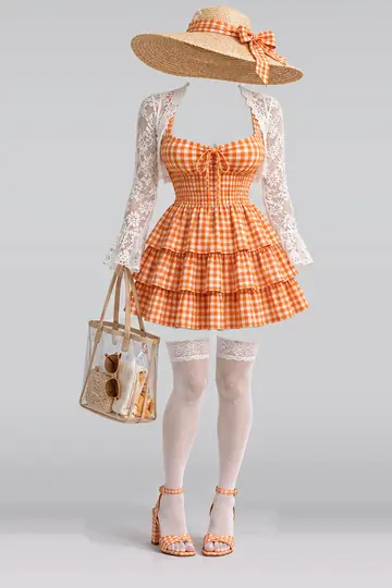 AI 生成服装参考图 SUM-0149:夏,橙、连衣裙、蕾丝、短袜、凉鞋、托特包