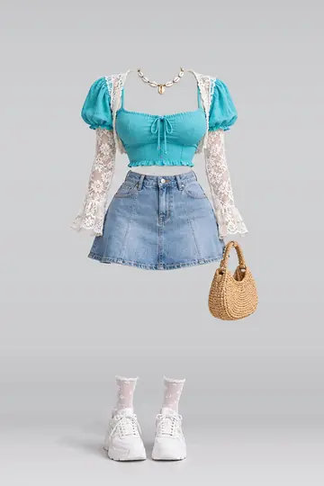AI 生成服装参考图 SUM-0151:夏,蓝、牛仔布、迷你、半身裙、蕾丝、白