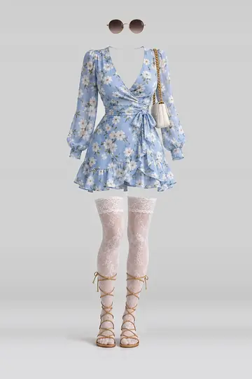 AI 生成服装参考图 SUM-0154:夏,蓝、花卉、连衣裙、蕾丝、短袜、凉鞋