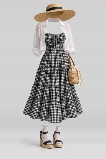 AI 生成服装参考图 SUM-0156:夏,黑、连衣裙、衬衫、白、短袜、凉鞋