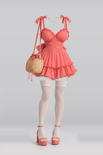 AI 生成服装参考图 SUM-0157:夏,缎带、荷叶边、百褶、连衣裙、蕾丝、短袜