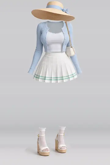 AI 生成服装参考图 SUM-0158:夏,蓝、开衫、薄荷绿、白、迷你、半身裙
