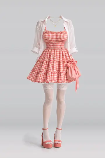 AI 生成服装参考图 SUM-0160:夏,连衣裙、衬衫、蕾丝、短袜、凉鞋、缎带