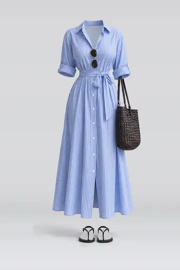 AI 生成服装参考图 SUM-0164:夏,蓝、衬衫、连衣裙、黑、凉鞋、皮革