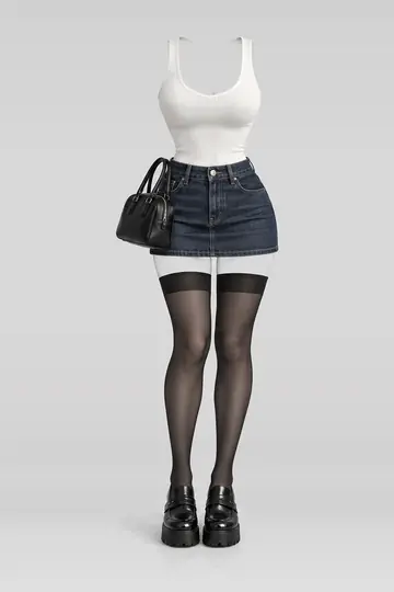 AI 生成服装参考图 SUM-0182:夏,白、针织、牛仔布、迷你、半身裙、黑