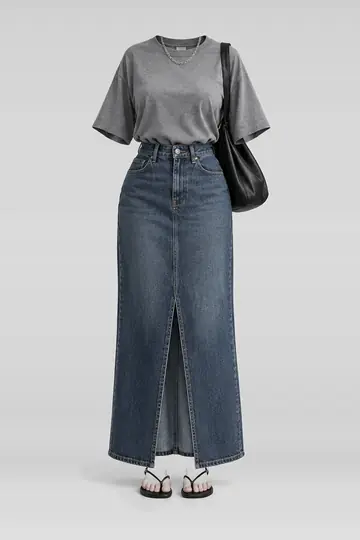 AI 生成服装参考图 SUM-0183:夏,灰、衬衫、牛仔布、长款、半身裙、黑