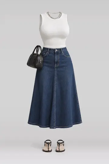 AI 生成服装参考图 SUM-0193：夏，白、针织、牛仔布、中长、半身裙、黑