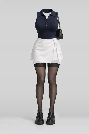 AI 生成服装参考图 SUM-0223:夏,藏青、针织、白、迷你、半身裙、黑