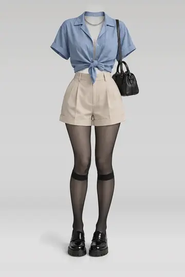 AI 生成服装参考图 SUM-0236:夏,蓝、衬衫、米色、短裤、黑、短袜