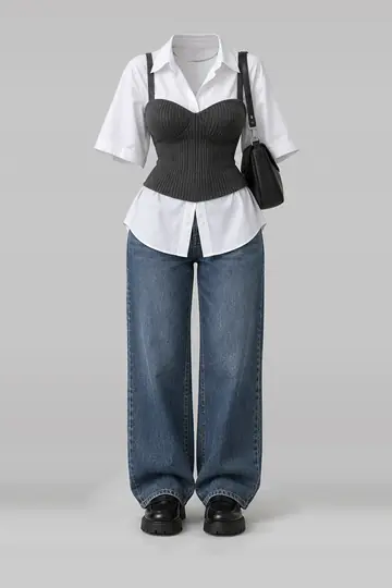 AI 生成服装参考图 SUM-0256：夏，针织、白、衬衫、牛仔布、牛仔裤、黑