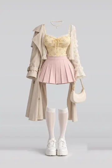 AI 生成服装参考图 SPR-0002:春,黄、花卉、吊带衫、开衫、粉、百褶
