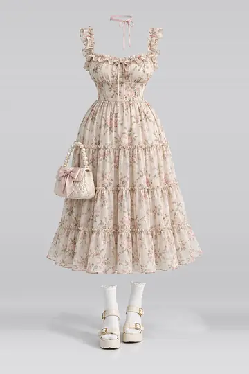AI 生成服装参考图 SPR-0005:春,米色、花卉、中长、连衣裙、白、短袜